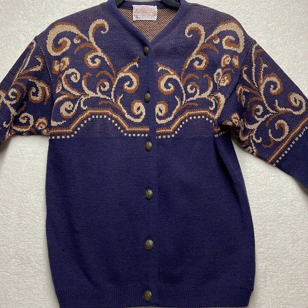 PENDLETON Petite Navy & Brown Swirl Vintage Cardigan Wool Sweater Size Medium